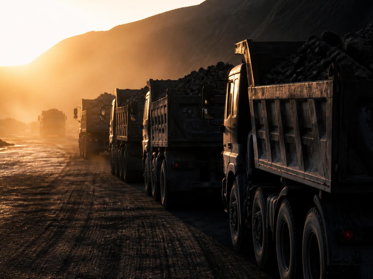Loaded dump trucks staged at an aggregates yard at sunrise